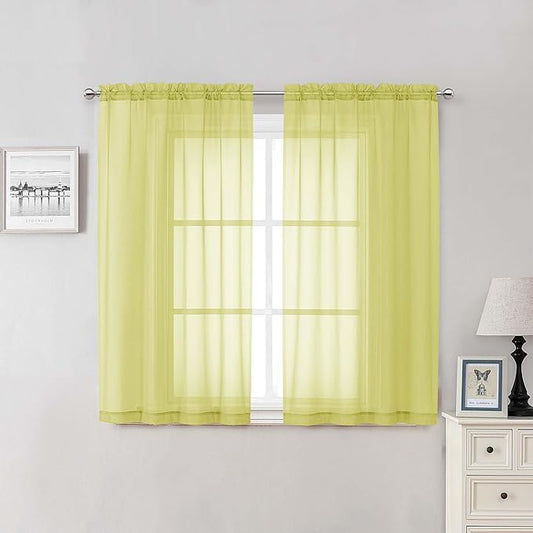 Lecloud Lemon Sheer Curtains for Living Room 54 Inch Length 2 Pcs, Solid Color Voile Modern Farmhouse Decor, Airy Rod Pockets Bedroom Curtains for Bathroom Dining Room, Each Panel 42" W x 54" L