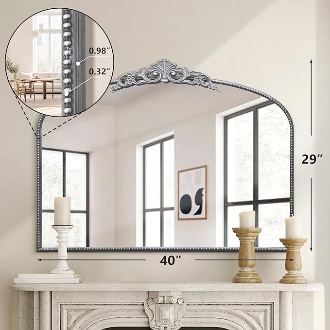 Micasso Antique Wall Silver Mirror: 40" x 29" French Baroque Vintage Mirror - Traditional Ornate Decorative Arched Mirrors for Wall/Bathroom/Entryway/Fireplace/Hallway - Home Decor for Living Room