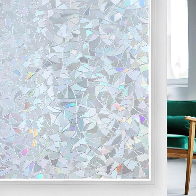 rabbitgoo Window Privacy Film Rainbow Film Decorative Window Sticker, 3D Static Stained Glass Cling Tint for Home Heat Control Non-Adhesive, Grayish Silver, 23.6 x 118.1 inches