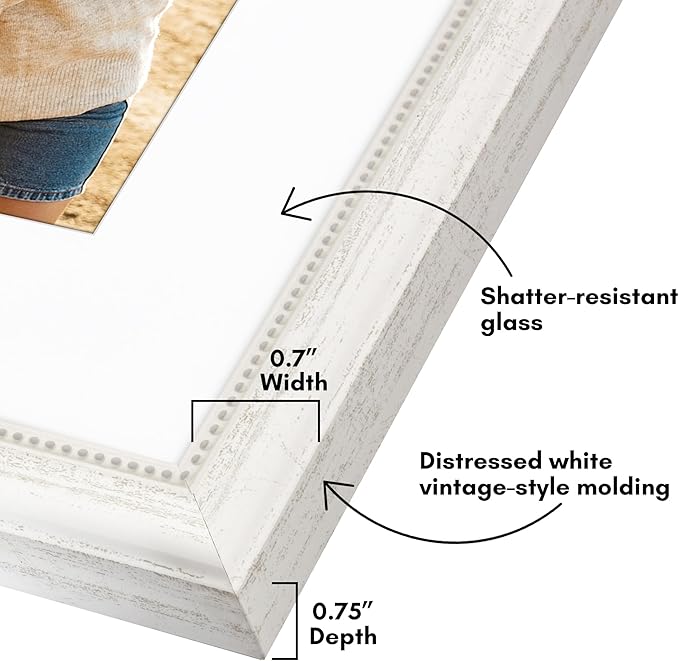 Americanflat Vintage Frames - 8x10 Picture Frame with Beaded Accents and Shatter-Resistant Glass - Use as 5x7 Frame or Display 8x10 Photos Without Mat - Heirloom Collection - Tabletop or Wall - White