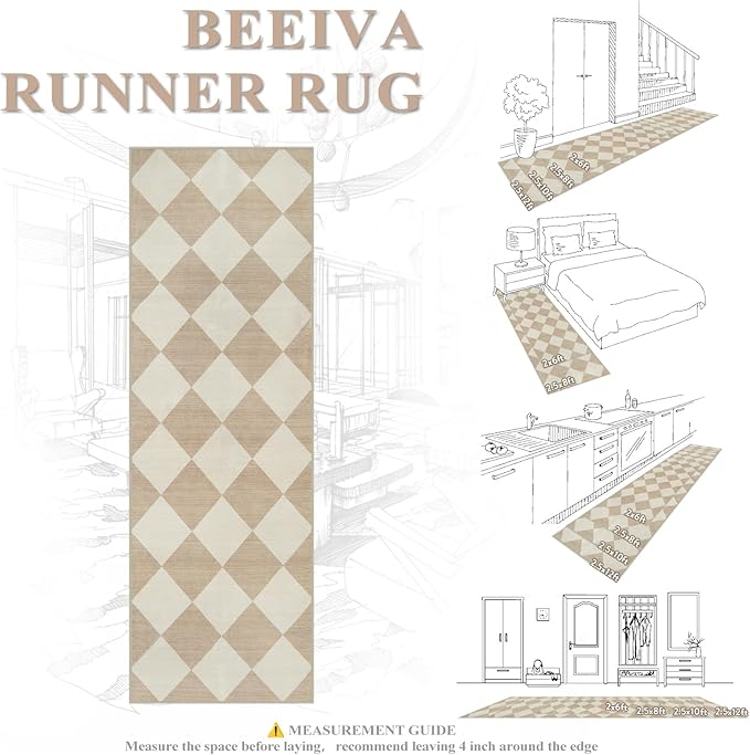 Beeiva Checkered Print Long Hallway Runner Rug Non Slip, Beige Ultra Thin 2.5x10 Washable Runner Rug, Moroccan Trellis Home Decor Faux Wool Neutral Carpet for Bathroom Kitchen Hallways, 10ft