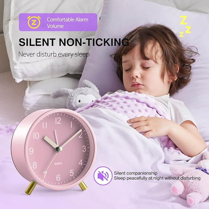 Analog Alarm Clock for Girls, Super Silent Non Tick with Night Light, Battery Operated,Bedroom Clock for Mom,Fashionable Round Metal Alarm Clock for Office, Elderly,Adults,Children School Gift