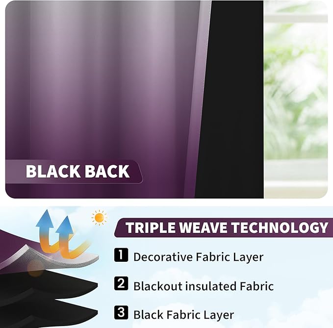 COSVIYA 100% Blackout Ombre Purple Adjustable Tie Up Curtains for Kitchen Thermal Insulated Room Darkening Valance Rod Pocket Balloon Roman Shade for Small Window,48" L x 34" W, 1 Panel