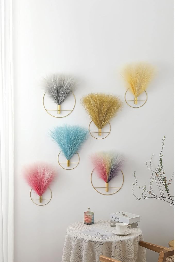 Pretty Jolly Boho Wall Decor - Hanging Artificial Pampas Display for Living Room, Bedroom, Bathroom, Dining Room - Wall-Mounted Metal Plant Art, 2 Pack Gold