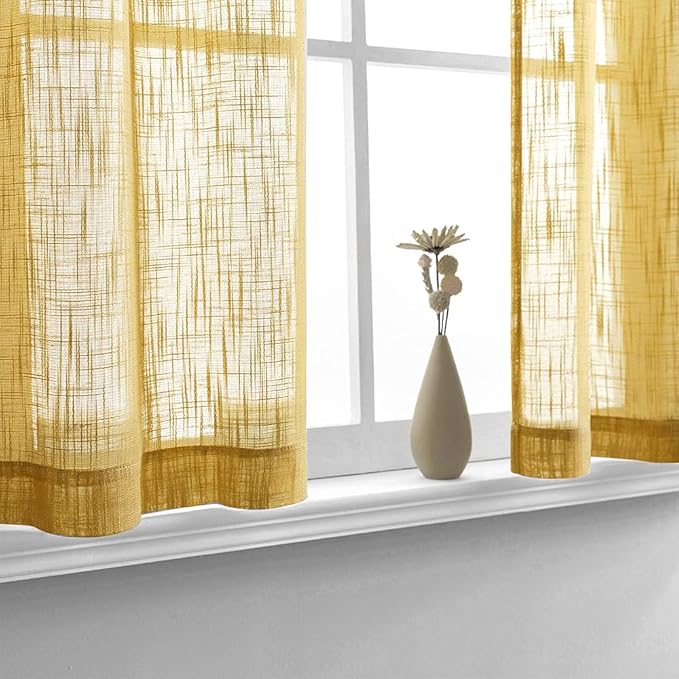 Mustard Yellow Kitchen Curtains Retro Vintage 70s Rod Pocket Small Semi Sheer Honey Gold Short Curtains for Bedroom 2 Panels Set Bathroom Decor Living Room Bay Windows Decorations 36 Inch Length