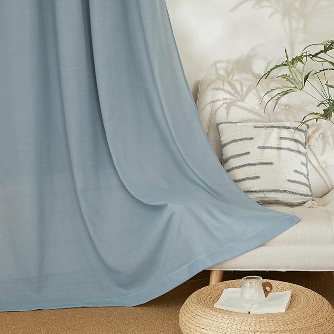 NICETOWN Linen Flax Semi Sheer Curtains 92" Length, Grommet Window Treatments Privacy Added with Light Penetration Vertical Drapes for Loft/Home Office, Stone Blue, W55 x L92, 2 Panels