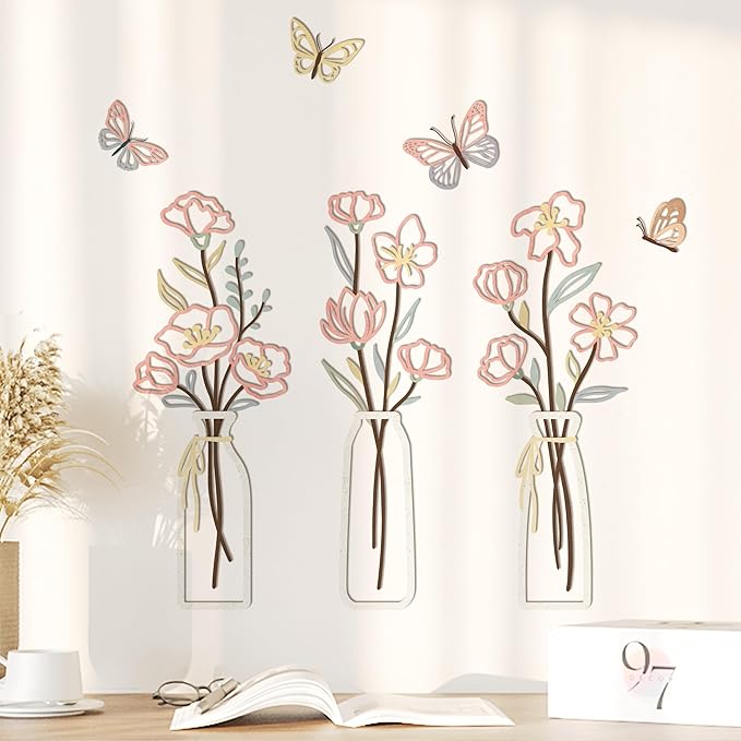 97 Decor 3 Piece Metal Flower Wall Art - Floral Metal Wall Sculptures For Living Room Decorations, Rustic Farmhouse Decor Minimalist Art, Boho 3d Flowers Walls Decors For Bathroom Kitchen Bedroom