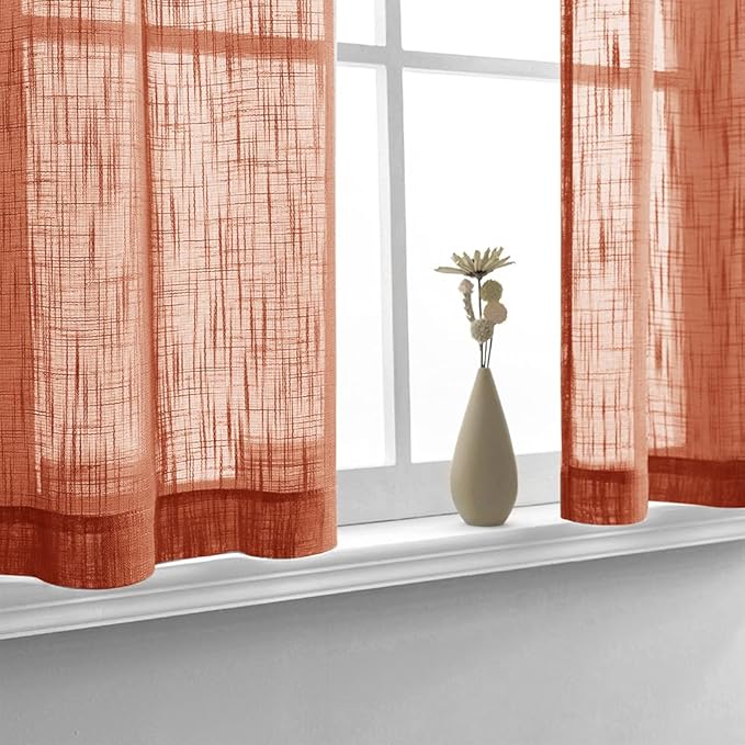 Burnt Orange Curtains 36 Inch Long for Bedroom 2 Panels Short Cafe Curtains Rod Pocket Tier Pumpkin Rust Boho Sheer Linen Small Window Treatment for Door Thanksgiving Kitchen Fall Room Decor Bathroom