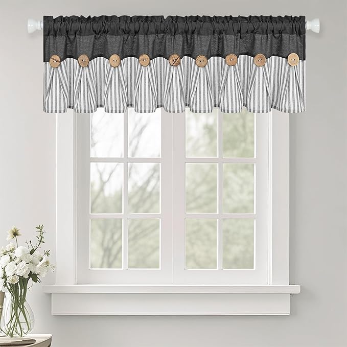 ASPMIZ Farmhouse Cotton Linen Valances for Windows, Boho Kitchen Curtains Valances with Rustic Button, Black Striped Valance Window Topper Treatment Tiers, Window Valances for Bathroom, 60 x 14 Inch