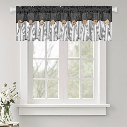 ASPMIZ Farmhouse Cotton Linen Valances for Windows, Boho Kitchen Curtains Valances with Rustic Button, Black Striped Valance Window Topper Treatment Tiers, Window Valances for Bathroom, 60 x 14 Inch