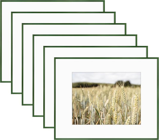Golden State Art 16x20 Picture Frame 6 Pack - Dark Green Aluminum Photo Frames With 11x14 Mats and Real Glass Cover - Elegant Minimalist Wall Gallery Frames for Home or Office Decor