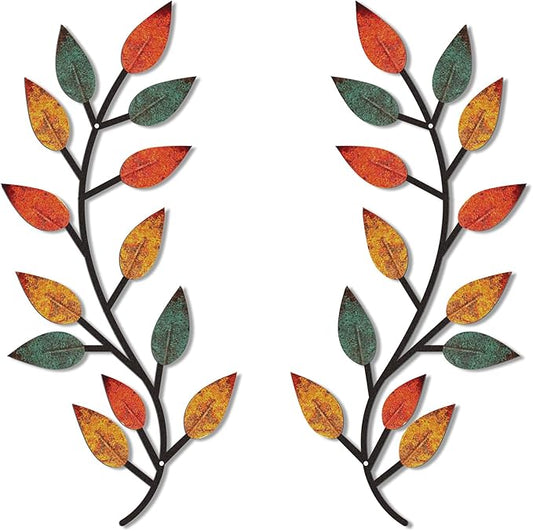 Zhengmy 2 Pieces Metal Tree Leaf Wall Decor Vine Olive Branch Leaf Wall Art Living Room, Hallway Wall Decor Outdoor Decoration(Lively Colors)