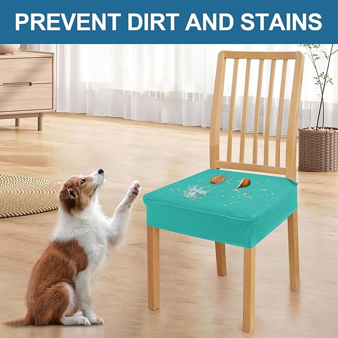 Smiry Waterproof Seat Covers for Dining Room Chairs Set of 6, Stretch Jacquard Removable Washable Chair Seat Slipcovers Protector, No Rear Covers, Teal