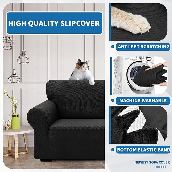 XINEAGE 2026 New 1 Piece Couch Covers for 2 Cushion (55"-69") Stretch Loveseat Sofa Cover Slipcover Jacquard Universal Furniture Protector with Elastic Bottom for Kids,Dog (Loveseat, Black)