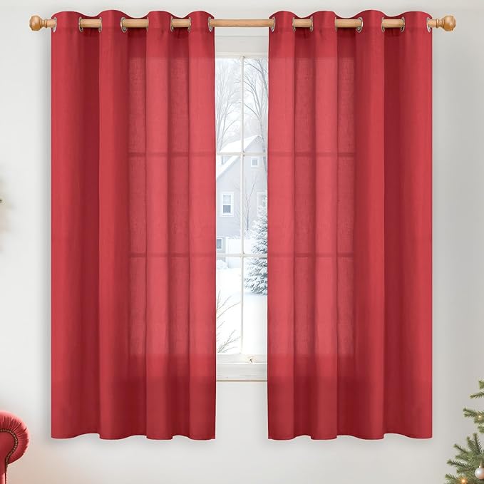 YoungsTex Red Linen Curtains 63 Inch Length for Living Room, Light Filtering Window Drapes with Grommet Semi Sheer Privacy for Dining Bedroom, 2 Panels, 52 X 63 Inch