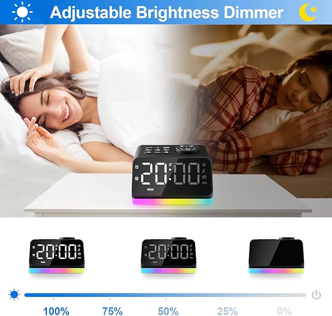 JALL Digital Alarm Clock with FM Radio for Bedroom, 8 Colors Night Light with Charging Port, Sleep Sound Machines with Timer, Dual Alarm (Black with RGB Font) - Image 5