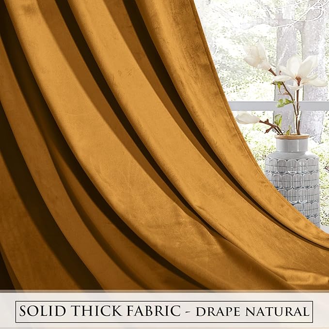 StangH Mustard Gold Curtains Velvet - Blackout Room Darkening Thermal Insulated Bedroom Curtains Soft Heavy Thick Sliding Door Panels for Living Room, W52 x L90 Each Panel, 2 Panels