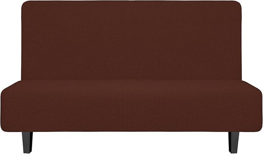 Easy-Going Stretch Futon Sofa Slipcover Armless Sofa Bed Cover Furniture Protector Without Armrests with Elastic Bottom for Kids,Soft Jacquard Small Checks（Medium Futon,Coffee