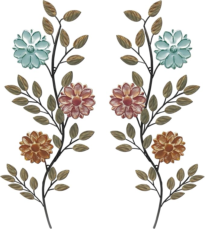 MorningRo 2 Pcs Metal Flower Leaves Wall Art Spring Wall Decor Living Room, 15.75 Inch Vintage Rustic Branch Leaf Wrought Iron Scroll Art Decor for Spring Bedroom Indoor Outdoor Decorations(Colorful)