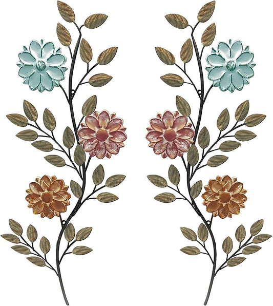 MorningRo 2 Pcs Metal Flower Leaves Wall Art Spring Wall Decor Living Room, 15.75 Inch Vintage Rustic Branch Leaf Wrought Iron Scroll Art Decor for Spring Bedroom Indoor Outdoor Decorations(Colorful)