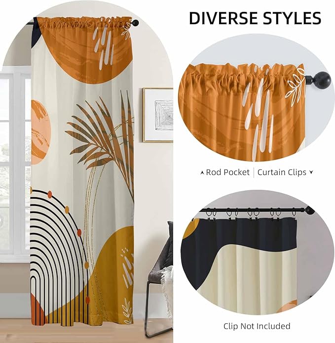 Boho Mid Century Abstract Leaves Curtains 52X84Inch Rainbow Living Room Curtain 2Pc Burnt Orange Curtains for Bedroom Modern Geometric Drapes Yellow Plant Colorful Curtain