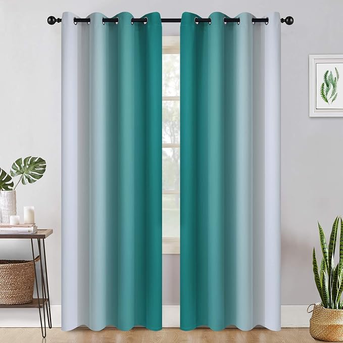 COSVIYA Grommet Ombre Room Darkening Curtains 84 inch Length 2 Panels, Teal and Grayish White Gradient Drapes Light Blocking Insulated Thermal Window Curtains for Bedroom/Living Room,52x84 inches