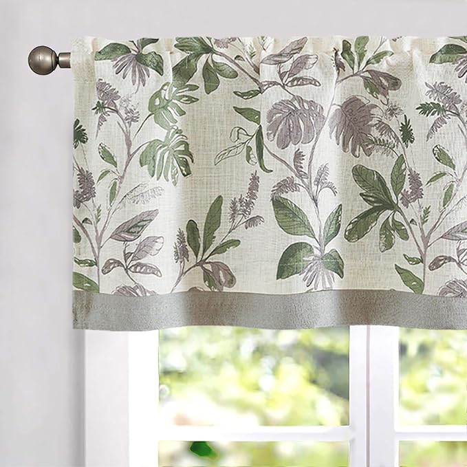 jinchan Linen Valance Double Layer Kitchen Window Curtain Green Leaf on Beige Valance for Living Room Cafe Farmhouse Light Filtering Rustic French Country Curtain 16 Inch Rod Pocket 1 Panel