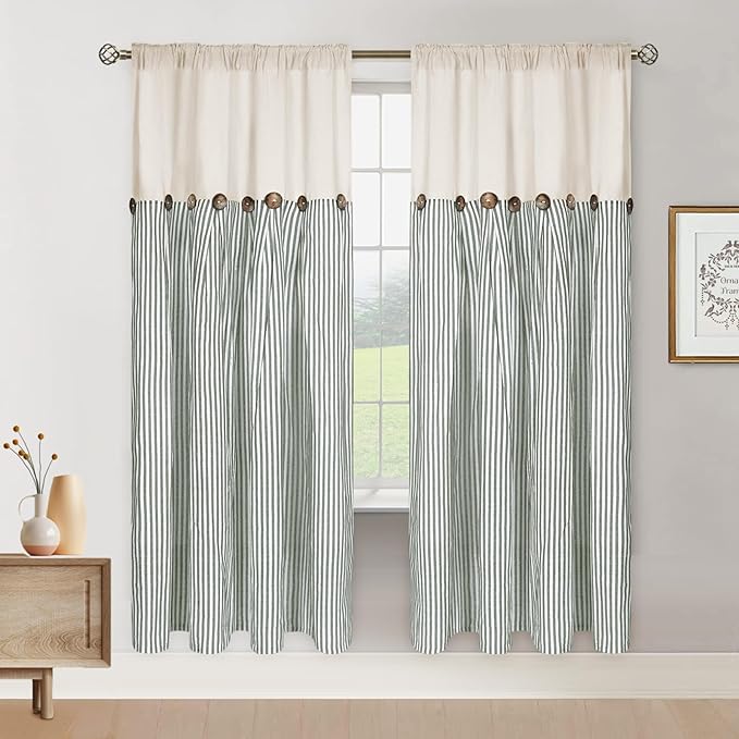 ASPMIZ Cotton Linen Farmhouse Curtains Boho Rustic Button Curtain, Linen Window Curtain Panels Green Stripe Country Curtains for Living Room Bedroom, Rod Pocket Window Drapes, 52 x 63 Inch, 2 Panels