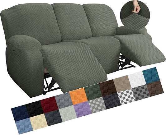 YEMYHOM 8 Pieces Stretch Recliner Sofa Cover Latest Jacquard Reclining Couch Cover with Side Pocket Anti-Slip Fitted 3 Cushion Furniture Slipcovers with Elastic Bottom (Large, Army Green)