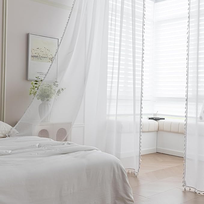 White Sheer Curtains 84 inch Long, Fringed Edges and Textured Semi Sheer Curtains Large Window Treatments for Living Room/Bedroom, 2 Panels