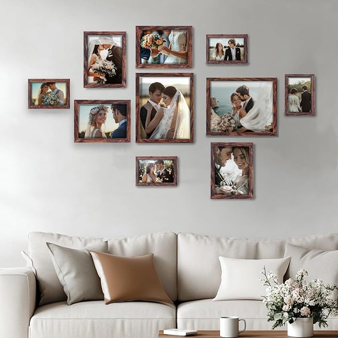 Fixwal Picture Frames, 10 Pack Wooden Collage Picture Frame Set for Wall Gallery Decor, Hanging or Tabletop Display Multi Sizes Photo Frames Including 8x10, 5x7, 4x6, Brown