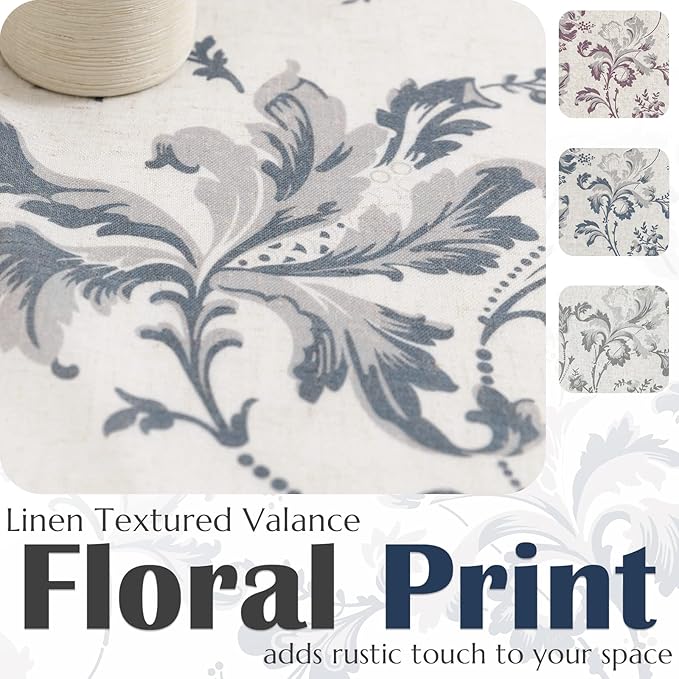 jinchan Linen Valance Curtain Farmhouse Window Decor Floral Print for Kitchen Living Room Double Layer Blackout Valance 16 Inches Rustic Window Treatment 1 Panel Rod Pocket Blue on Beige