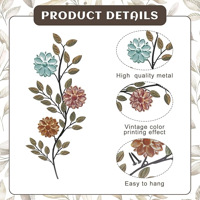 MorningRo 2 Pcs Metal Flower Leaves Wall Art Spring Wall Decor Living Room, 15.75 Inch Vintage Rustic Branch Leaf Wrought Iron Scroll Art Decor for Spring Bedroom Indoor Outdoor Decorations(Colorful)