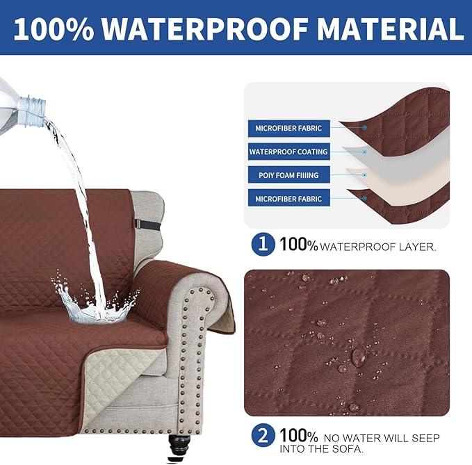 XINEAGE Quilted Sofa Cover Waterproof Couch Covers for 3 Cushion Couch, Super Soft Washable Slipcover with Pockets & Non-Slip Elastic Straps, Thick Furniture Protector (Sofa, Coffee)
