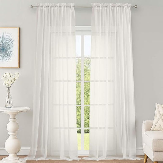 OWENIE Extra Long Ivory Sheer Curtains 144 inch 2 Panels Set, Translucent Backdrop Window Scarf Drapes for Canopy Bed/Wedding/Living Room/Anniversary, 12FT Length, Each 59Wx144L in, 2PCS, Ivory