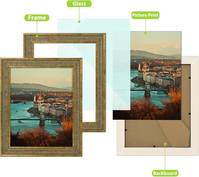 Golden State Art, 8X10 Ornate Finish Photo Frame, Distressed Gold Color, Real Glass
