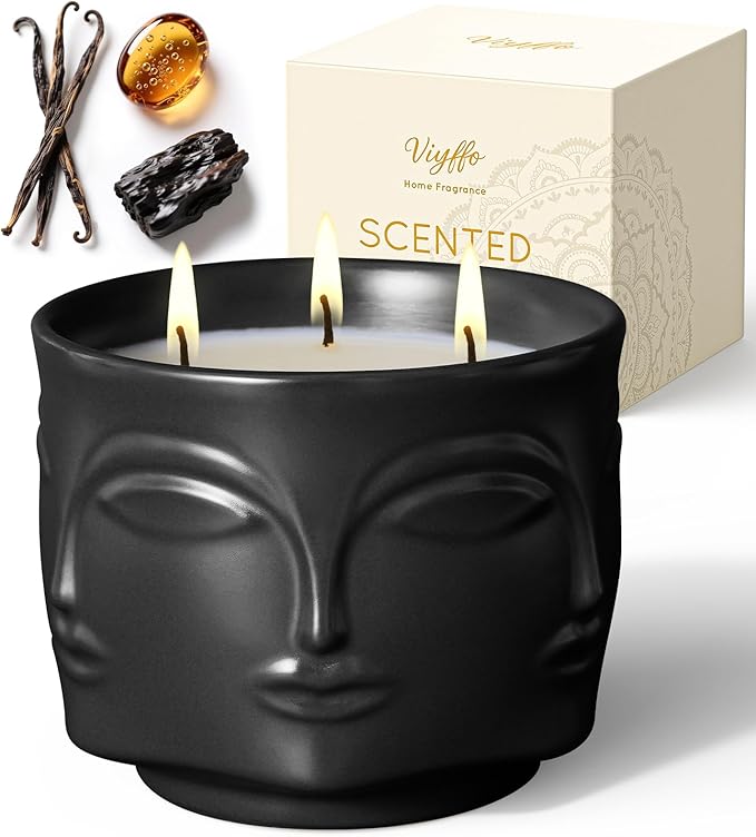 Viyffo 20oz Large Black Funny Scented Candle for Men – Vanilla & Amber Oud, 3 Wick Non Toxic Soy Candle, Matte Ceramic Jar, Luxury Home Fragrance, Elegant Winter Décor & Premium Birthday Gift