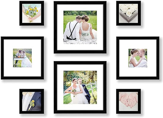 Americanflat Square Picture Frame Set in Black with Shatter Resistant Glass and Easel Stand - Various Dimensions - Pack of 8