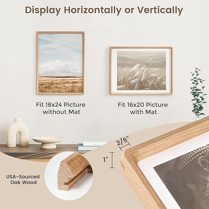 18 x 24 Poster Frame, USA-Sourced Oak Wood Picture Frame with HD Tempered Glass, Handcrafted Rounded Corner 18x24 Wooden Frames Matted to 16x20 Photos, Horizontal or Vertical Wall Display