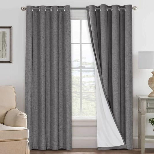 H.VERSAILTEX Linen Curtains 100% Blackout Curtains for Bedroom 90 inch Long Full Light Blocking Nature Linen Blended Window Curtains for Living Room Nickel Grommet (2 Panels, Grey)