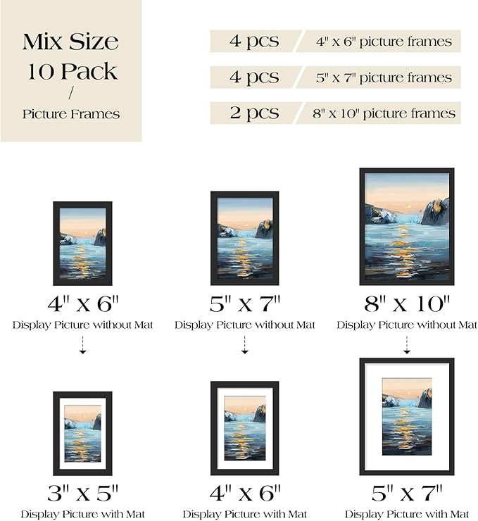 TWING Collage Picture Frames Wall Decor 10 Pack, Gallery Wall Black Picture Frame Set for Wall or Tabletop Display, Multi Sizes with Two 8x10, Four 5x7, and Four 4x6 Photo Frames