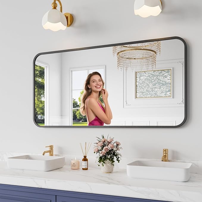 Koonmi Bathroom Mirror, 24X48 Brushed Black Metal Framed Wall-Mounted Mirror for Over Sink, HD Tempered Glass, Anti-Rust, Rounded Rectangle Mirror for Restroom, Bedroom, Hangs Horizontal or Vertical