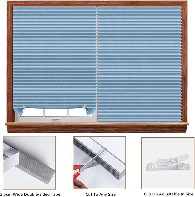 Window Blinds Cordless No Drill Cut to Size Clip On Stick On Self Adhesive Temporary Blinds Pleated Paper Blinds for Windows Doors Shades for Home Nursery Bedroom Kitchen Bathroom
