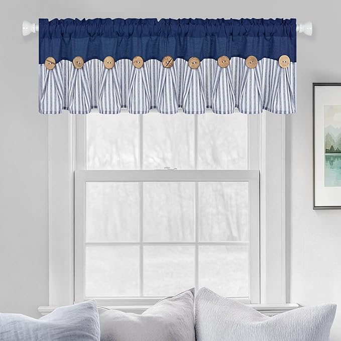 ASPMIZ Farmhouse Cotton Linen Valances for Windows, Boho Kitchen Curtains Valances with Rustic Button, Blue Striped Valance Window Topper Treatment Tiers, Window Valances for Bathroom, 60 x 14 Inch