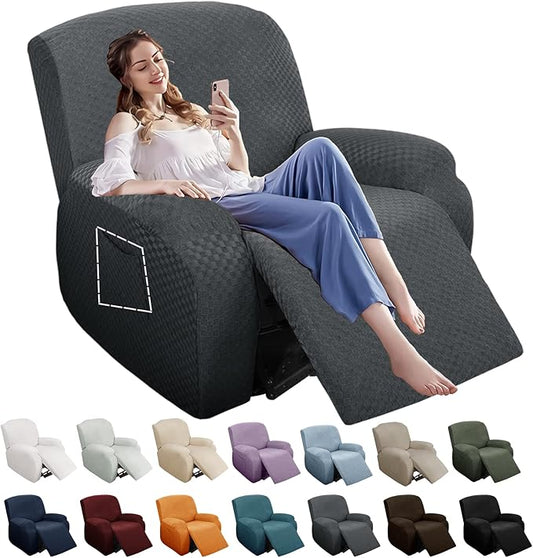 YEMYHOM 4 Pieces Stretch Recliner Slipcover Latest Jacquard Recliner Chair Cover with Side Pocket Anti-Slip Fitted Recliner Cover Couch Furniture Protector with Elastic Bottom (Recliner, Dark Gray)