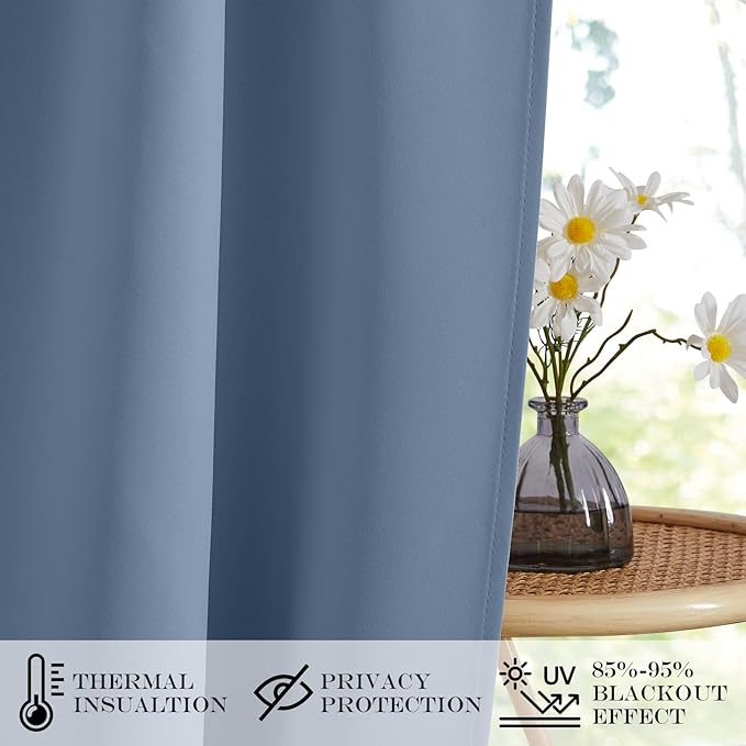 NICETOWN French Door Curtain for Door Window, Rod Pocket Thermal Short Curtain for Glass Patio Kitchen Window, 30 X 40 Inches Long, 1 Panel with Tieback, Stone Blue