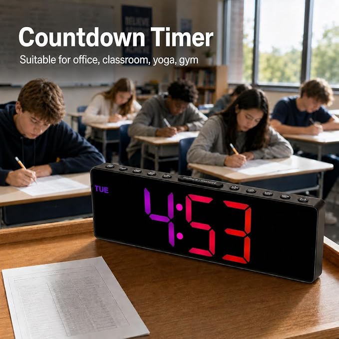 JALL 10.5'' Large Digital Alarm Clock with Big LED Number for School Classroom, Remote Control, RGB Colors,Timer, Dual Alarm, Temperature for Bedroom, Living Room, Gift for Senior Student Teacher - Image 5