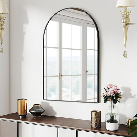SCWF-GZ 36x24 Arch Mirror Rectangle Full Length Wall Mounted Hanging or Against Wall Metal Aluminium Alloy Frame Dressing Make-up Mirrors for Entryway Bedroom Bathroom Living Room 36 24 inch Black