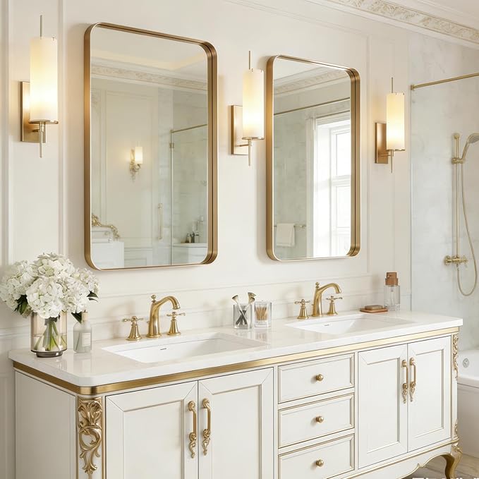 USHOWER Gold Bathroom Mirrors 24"x36" 2 Pack, Brushed Gold Rectangle Mirrors for Over Sink, Aluminum Frame, Anti-Rust, Tempered Glass, Horizontal or Vertical Mounted, Champagne Gold (Neutral Gold)