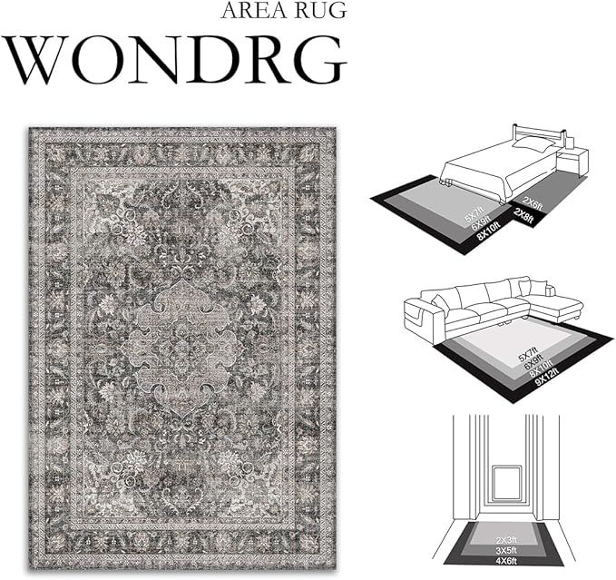 6x9 Washable Area Rug Black Grey Vintage Non Slip Soft Medium Pile Rug for Living Room Bedroom Dining Room Office Distressed Oriental Indoor Throw Carpet for Home Decor